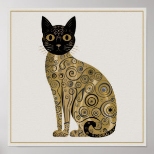 Golden Decorative Gustav Klimt Style Black Cat Art Poster
