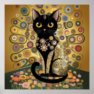 Golden Decorative Gustav Klimt Style Black Cat Art Poster