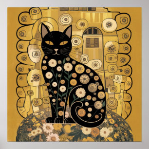 Golden Decorative Gustav Klimt Style Black Cat Art Poster