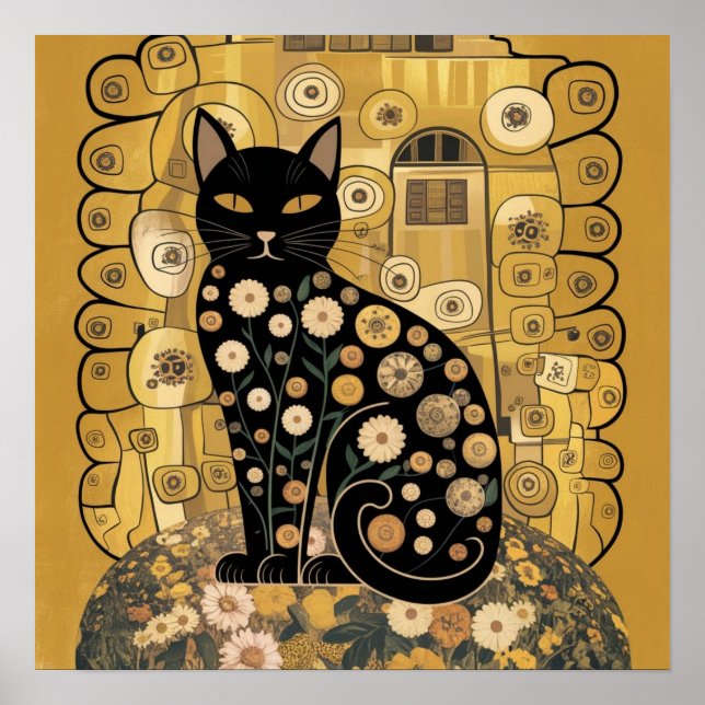 Golden Decorative Gustav Klimt Style Black Cat Art Poster (Front)