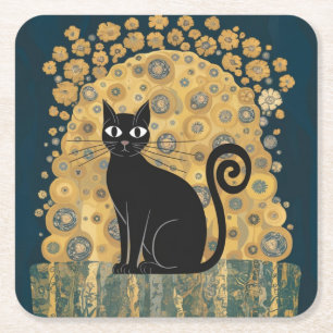 Golden Decorative Gustav Klimt Style Black Cat Art Square Paper Coaster