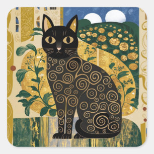 Golden Decorative Gustav Klimt Style Black Cat Art Square Sticker