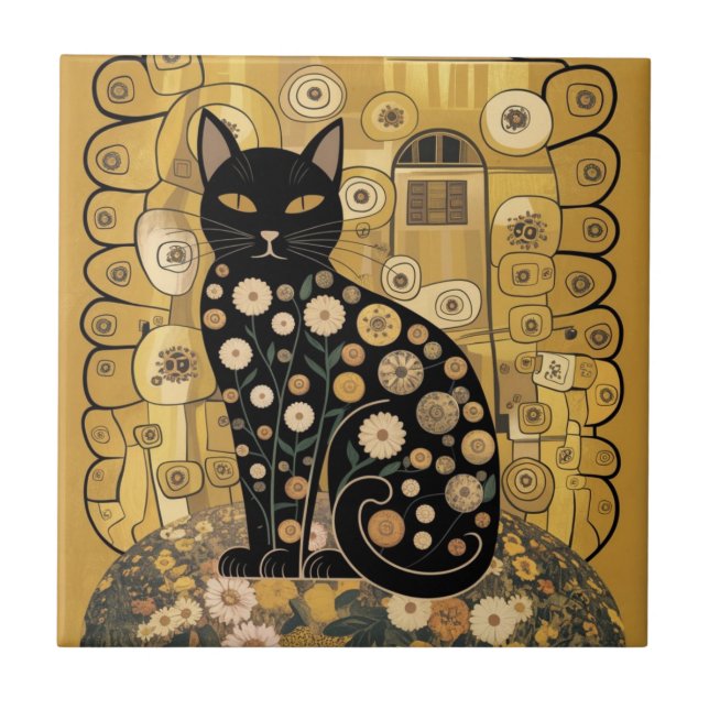 Golden Decorative Gustav Klimt Style Black Cat Art Tile (Front)