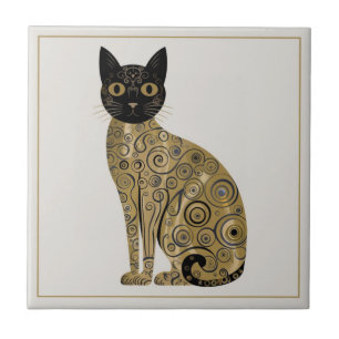 Golden Decorative Gustav Klimt Style Black Cat Art Tile