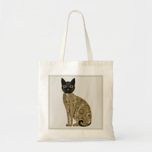 Golden Decorative Gustav Klimt Style Black Cat Art Tote Bag