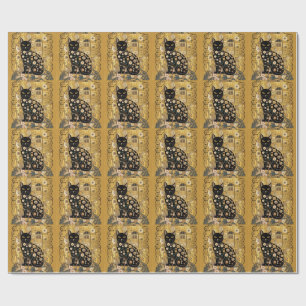 Golden Decorative Gustav Klimt Style Black Cat Art Wrapping Paper