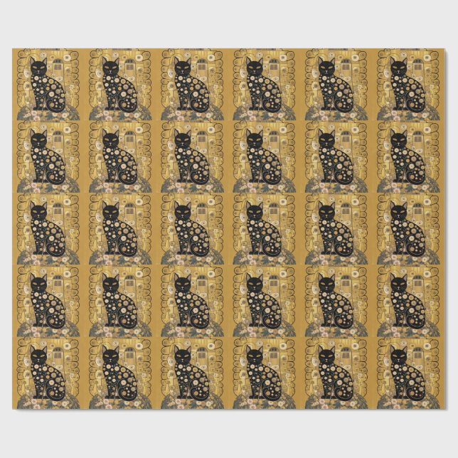 Golden Decorative Gustav Klimt Style Black Cat Art Wrapping Paper (Flat)