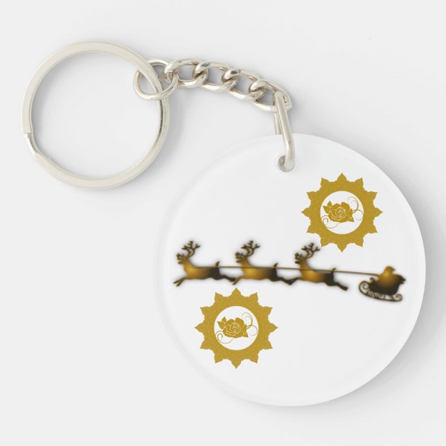 Golden Deer Christmas Santa Claus white Key Ring (Front)