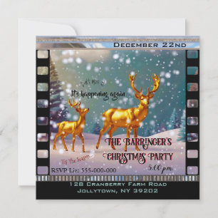 Golden Deer in Snow Scene Christmas Holiday Party Invitation