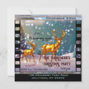 Golden Deer in Snow Scene Christmas Holiday Party Invitation