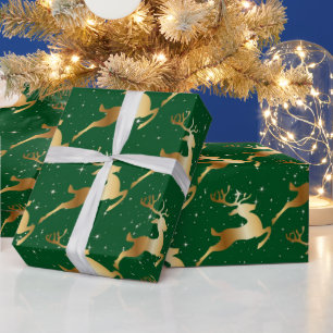 Golden Deer on Green Wrapping Paper