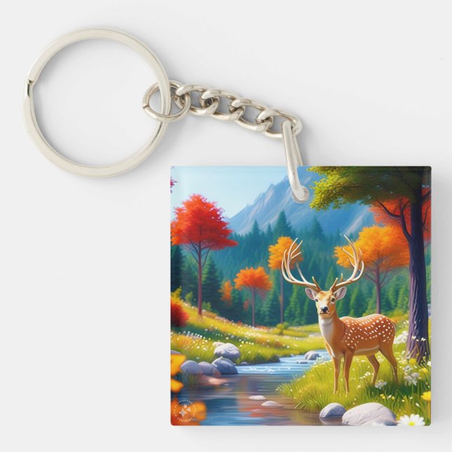 Golden Deer Standing in The Forest-987679 Key Ring (Front)