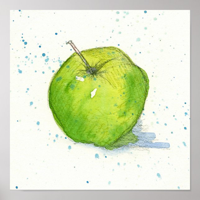 Golden Delicious Green Apple Watercolor Fruit Art Poster (Front)