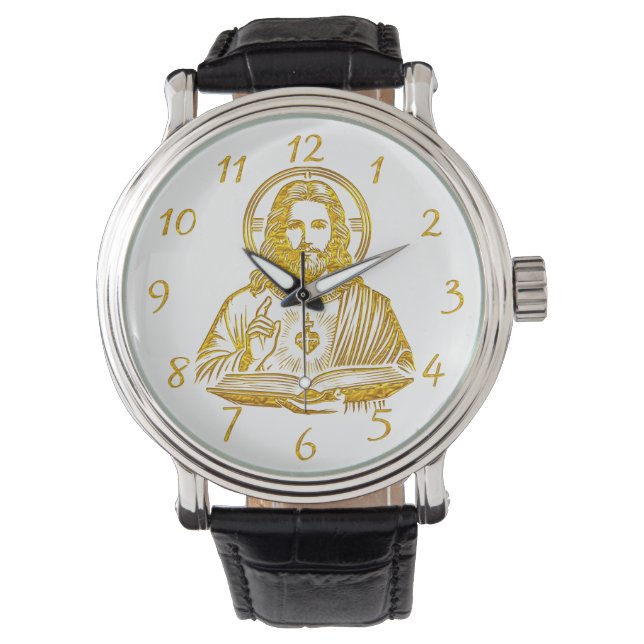 Golden Depiction of Jesus Holding a Book Watch (Front)