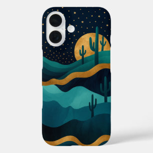 Golden Desert Nightscape – Abstract Cactus Art iPhone 16 Case