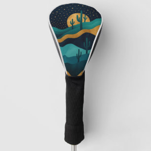  Golden Desert Nightscape – Abstract Cactus Art Golf Head Cover