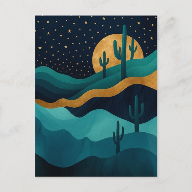  Golden Desert Nightscape – Abstract Cactus Art Holiday Postcard (Front)