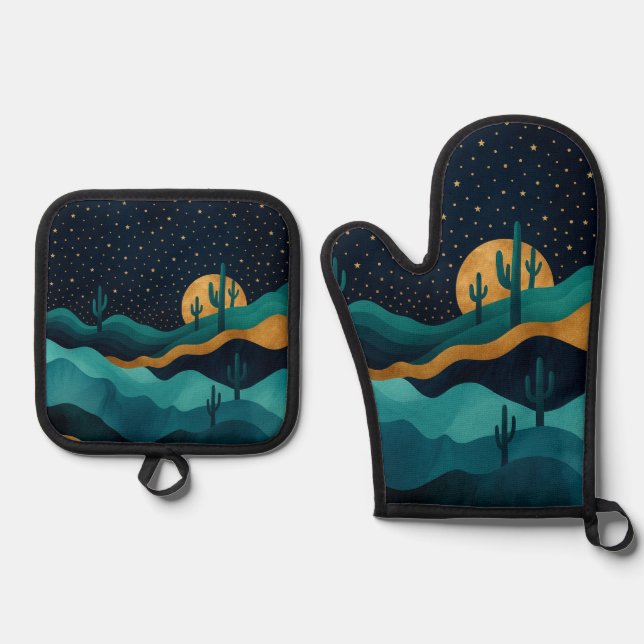  Golden Desert Nightscape – Abstract Cactus Art Oven Mitt & Pot Holder Set (Front)