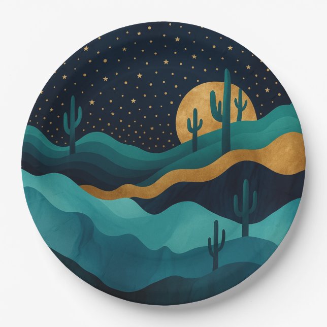  Golden Desert Nightscape – Abstract Cactus Art Paper Plate (Front)