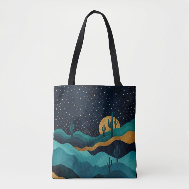  Golden Desert Nightscape – Abstract Cactus Art Tote Bag (Front)