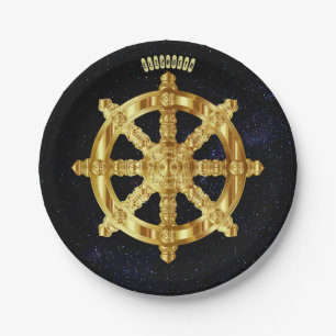 Golden Dharma Wheel Buddhism And Hinduism Symbol Paper Plate