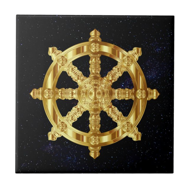 Golden Dharma Wheel Buddhism And Hinduism Symbol Tile (Front)