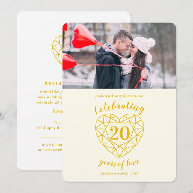 Golden Diamond Anniversary 20 years photo Invitation (Front/Back)