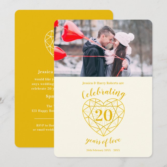 Golden Diamond Anniversary 20 years photo Invitation (Front/Back)