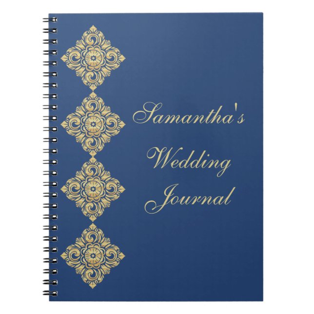 Golden Diamond Damask Blue Wedding Journal (Front)