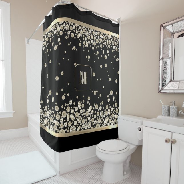 Golden Diamond Jewels on a Black Background Shower Curtain (In Situ)