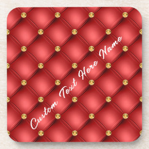 Golden Diamond Tufted Leather Custom Text Name Red Coaster