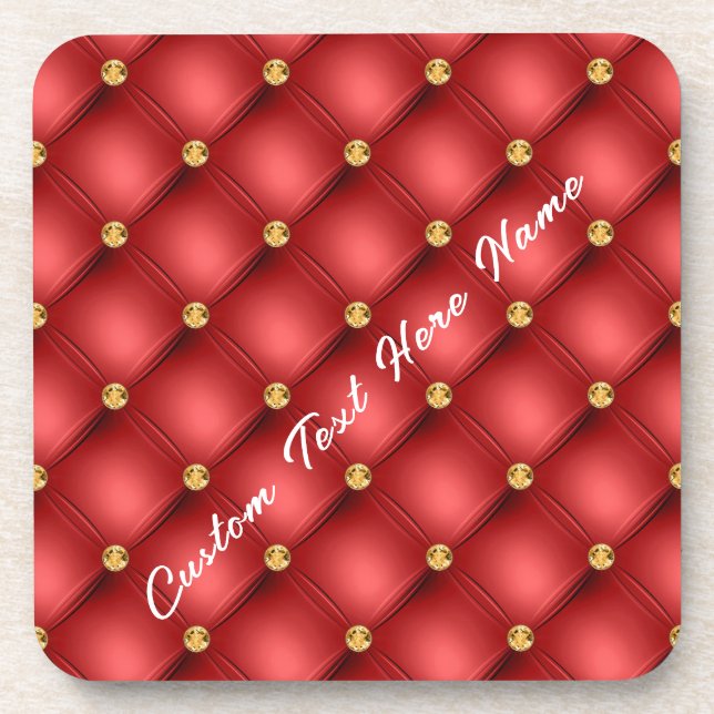 Golden Diamond Tufted Leather Custom Text Name Red Coaster (Front)