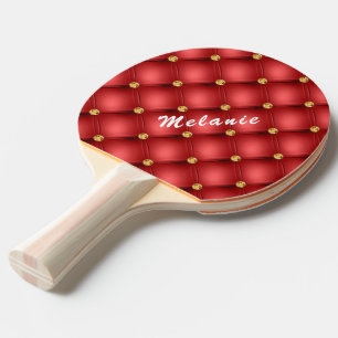 Golden Diamond Tufted Leather Custom Text Name Red Ping Pong Paddle