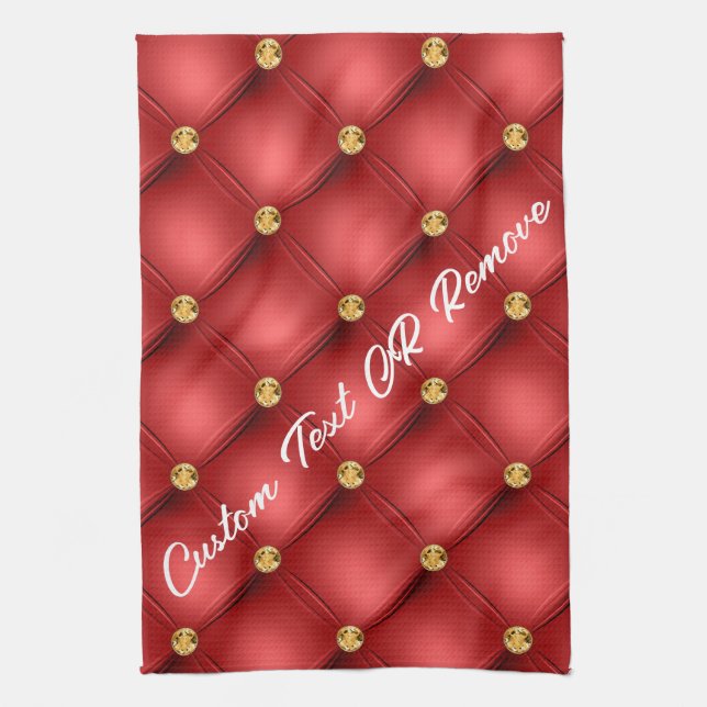 Golden Diamond Tufted Leather Custom Text Name Red Tea Towel (Vertical)