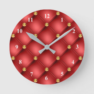 Golden Diamond Tufted Leather Gemstone Red Round Clock