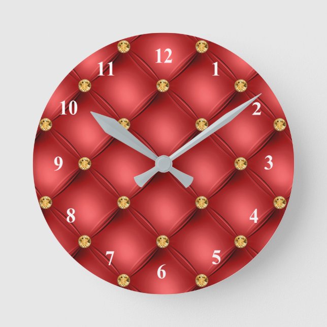 Golden Diamond Tufted Leather Gemstone Red Round Clock (Front)