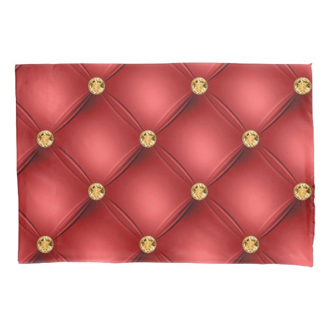 Golden Diamonds Tufted Leather Gemstone Red Pillowcase (Front)