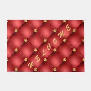 Golden Diamonds Tufted Leather Red Doormat Welcome