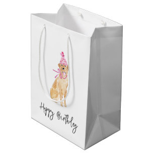 Golden Dog Birthday Hat Balloons Cake Pet Fun Medium Gift Bag