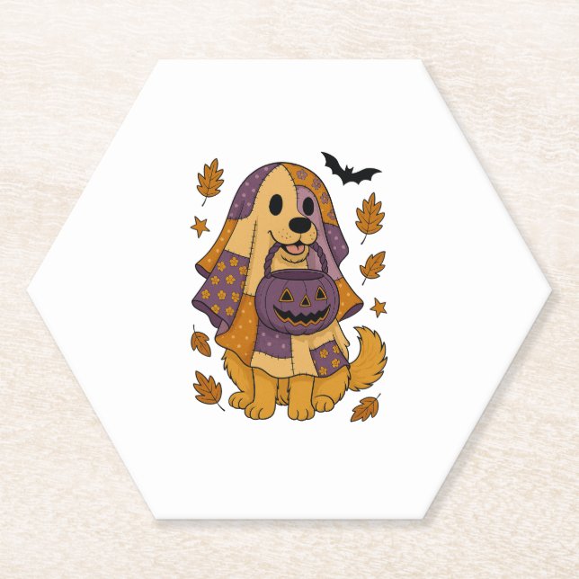 Golden Dog Ghost Halloween Paper Coaster (Front)