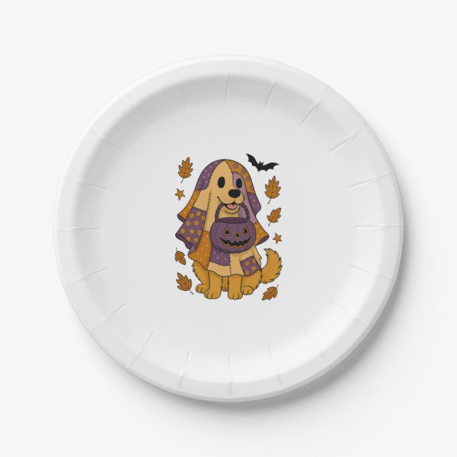 Golden Dog Ghost Halloween Paper Plate (Front)