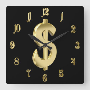 Golden dollar sign square wall clock