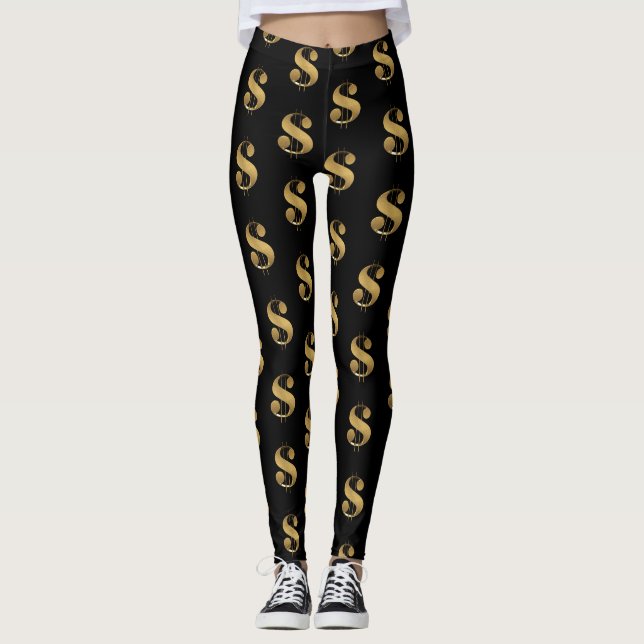 Golden Dollar Signs on Black Leggings (Front)