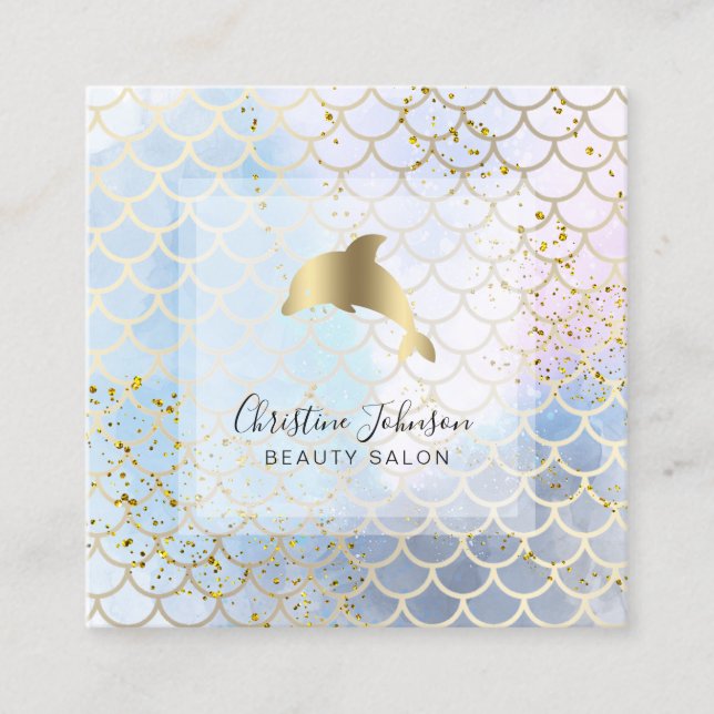 golden dolphin on fish scale pattern square business card (Front)