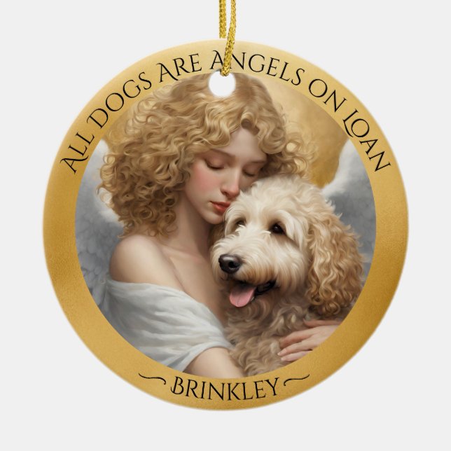 Golden Doodle Angel Personalised Memorial  Ceramic Tree Decoration (Front)