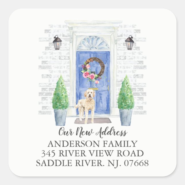 Golden Doodle Blue Door New Address Label Sticker (Front)