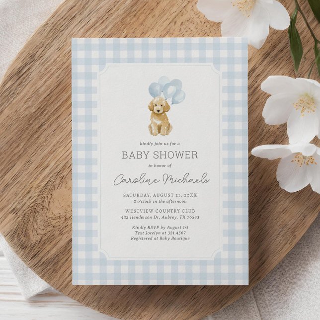 Golden Doodle Blue Gingham Baby Shower Invitation (Creator Uploaded)