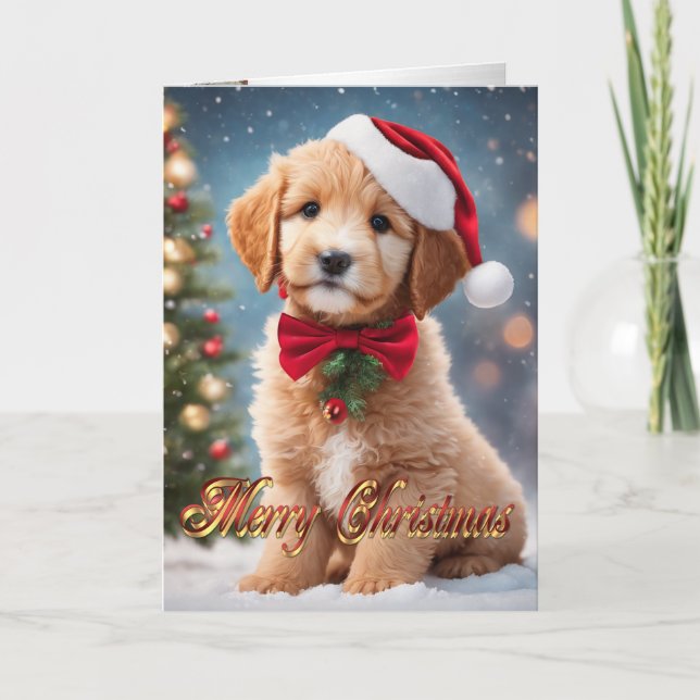 Golden Doodle Christmas puppy greeting Holiday Card (Front)