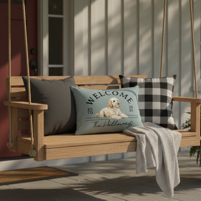 Golden Doodle Custom Family Name Welcome Decorative Cushion (Welcome guests to your home with this Golden Doodle Custom Family Name Welcome Throw Pillow!)