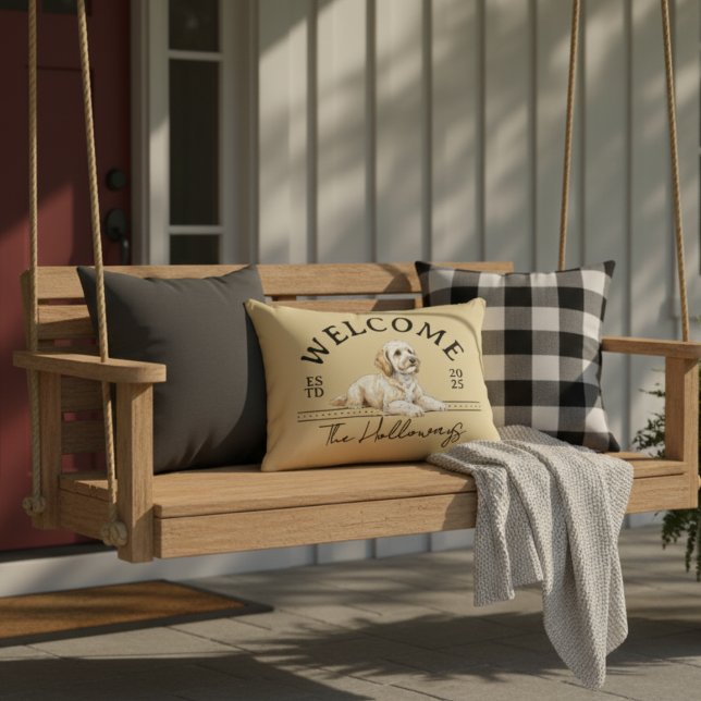 Golden Doodle Custom Family Name Welcome Decorative Cushion (Welcome guests to home with this Golden Doodle Custom Family Name Welcome Throw Pillow!)